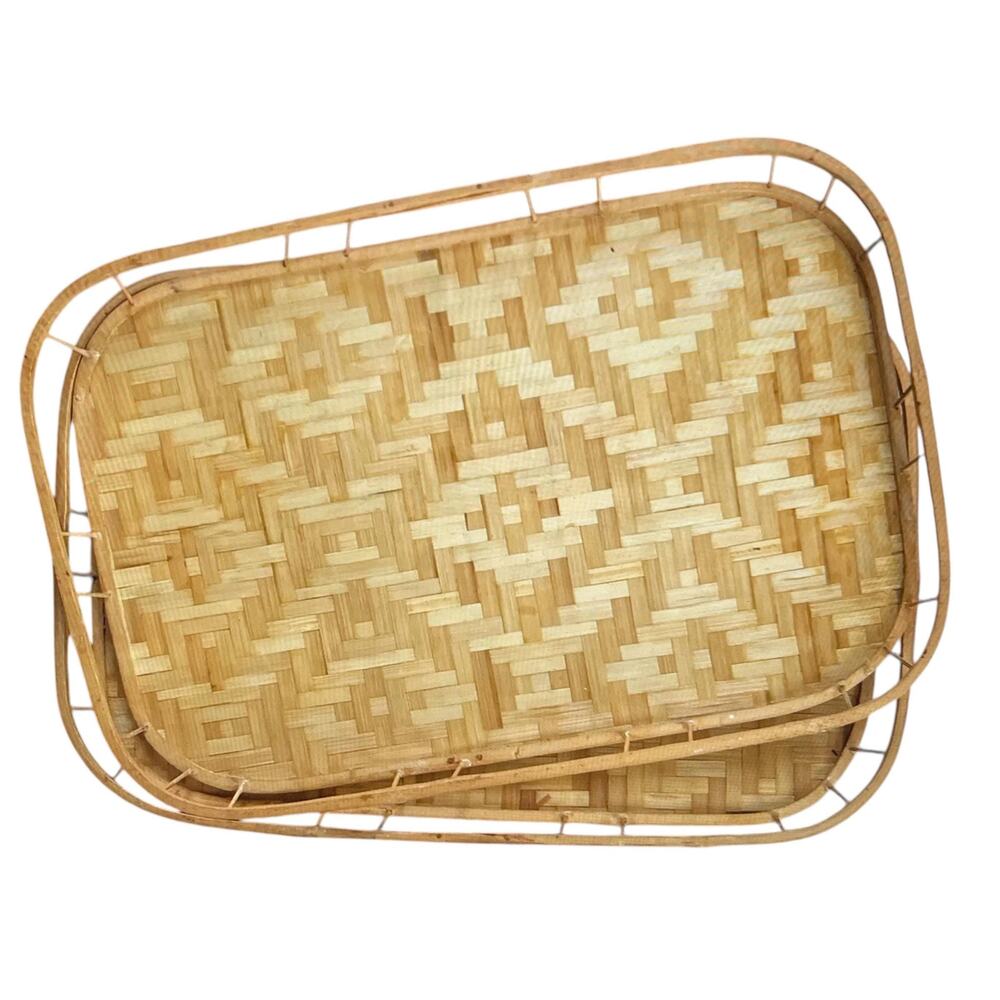Vintage Cottage Basket Serving Tray: Bamboo, Rattan, 70s Kitchen Decor.